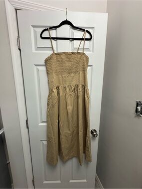 Fashion Nova Tan Smocked Bodice Midi Dress with Spaghetti Straps